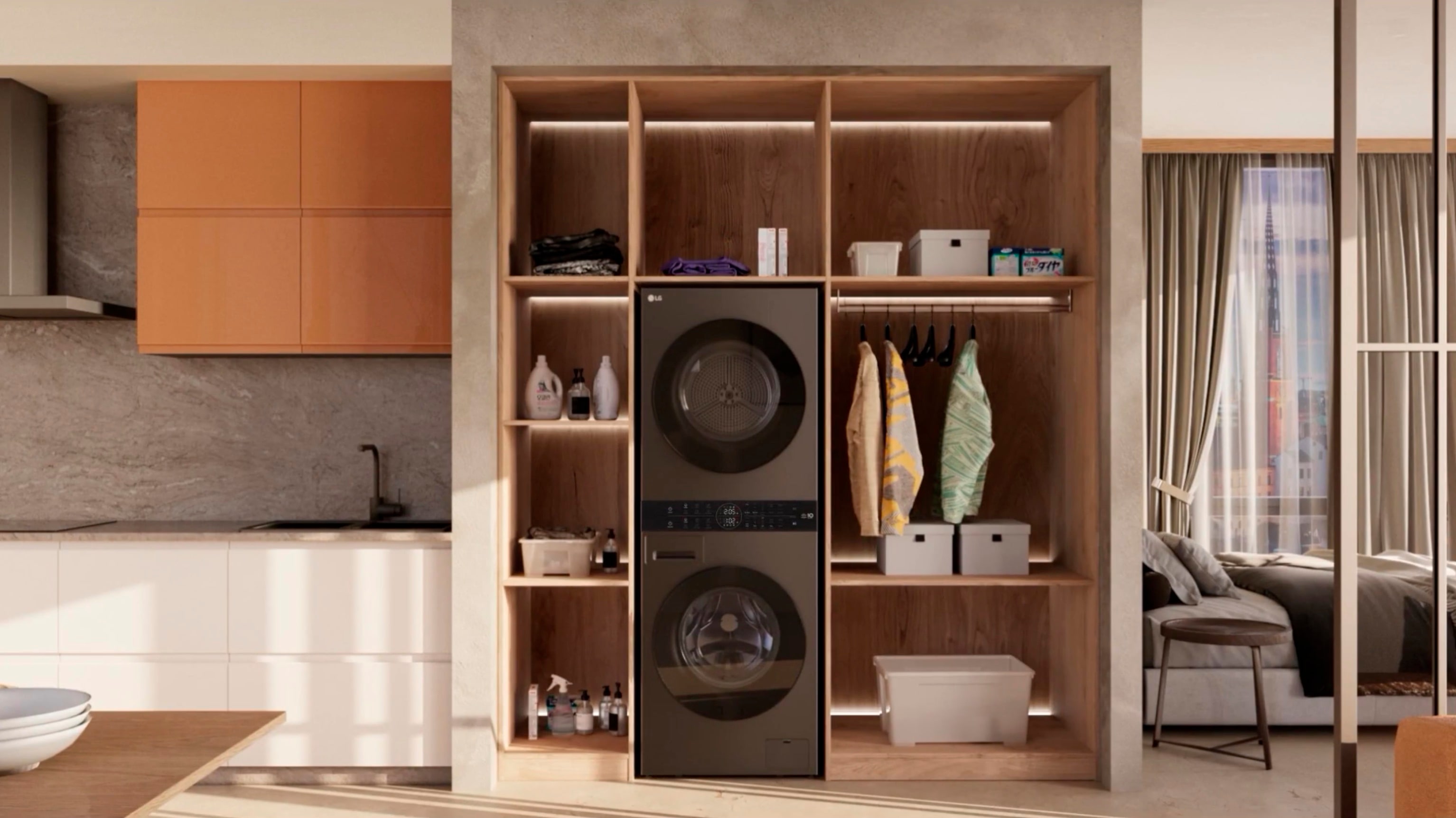 LG washer-dryer combo in modern shelving, surrounded by detergents and clothes, next to a stylish kitchen sink.